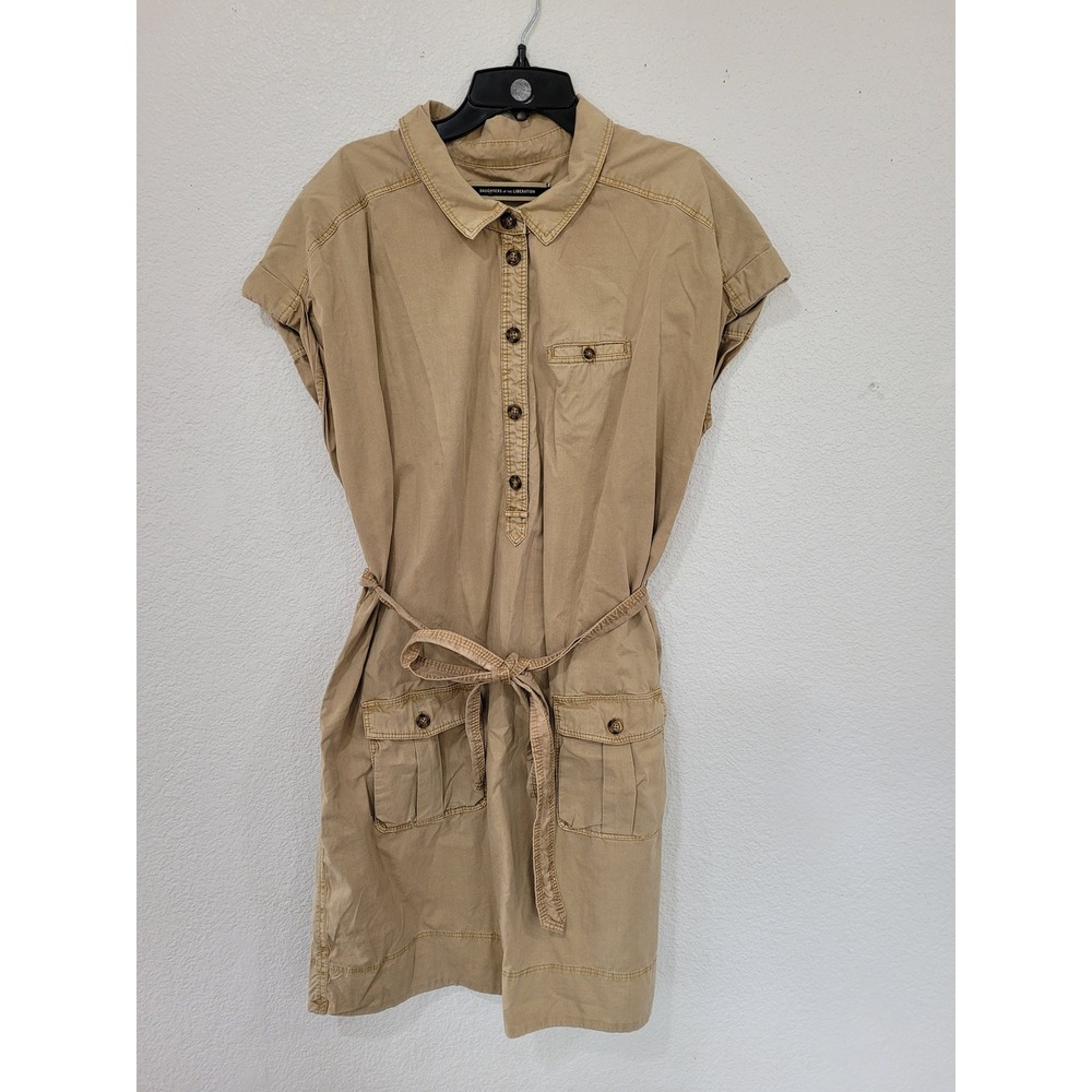 Daughters of the Liberation Tan Khaki Cotton Utility Safari Shirt Dress L #25